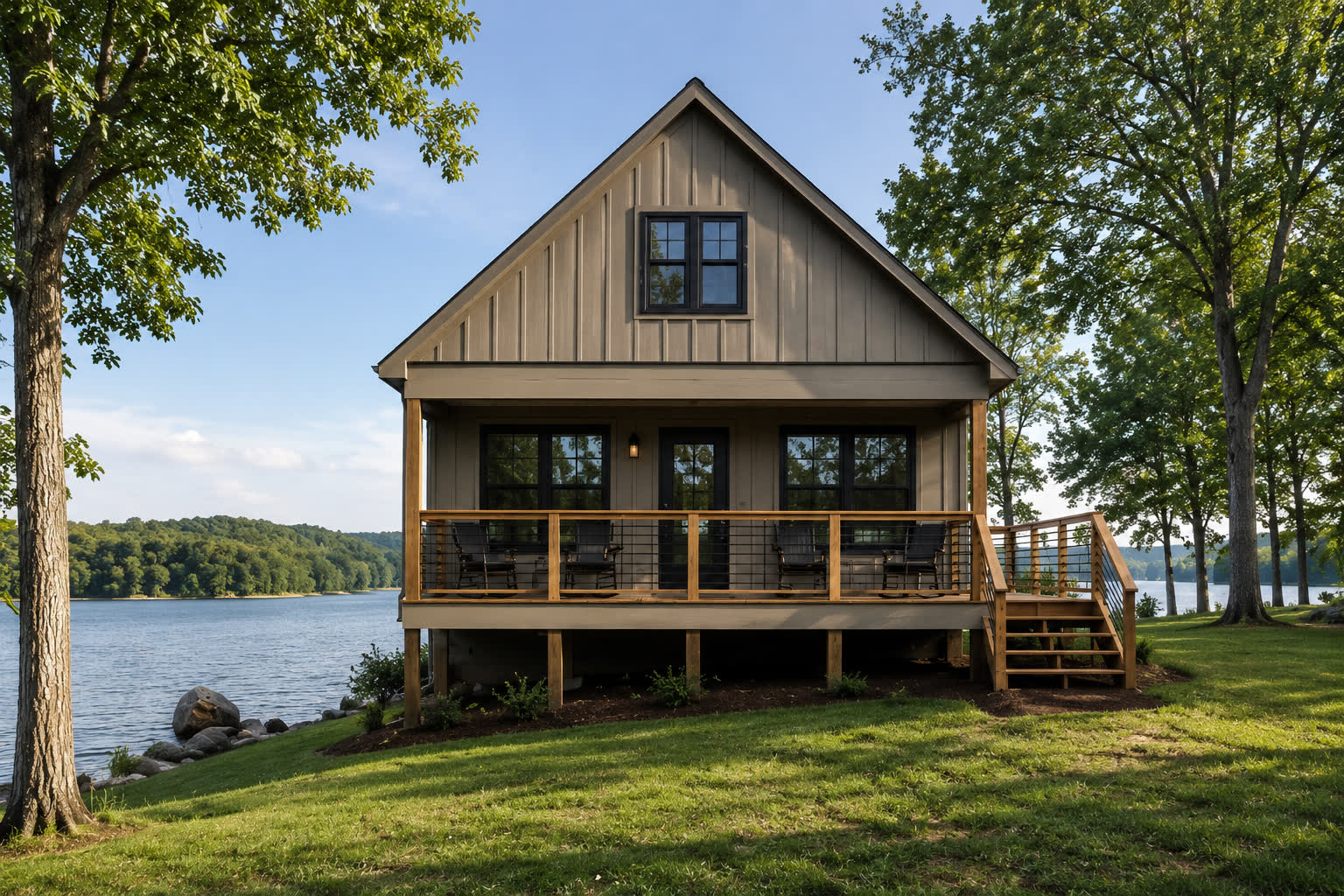 Color rendering of the lake side of Cozy Cottage