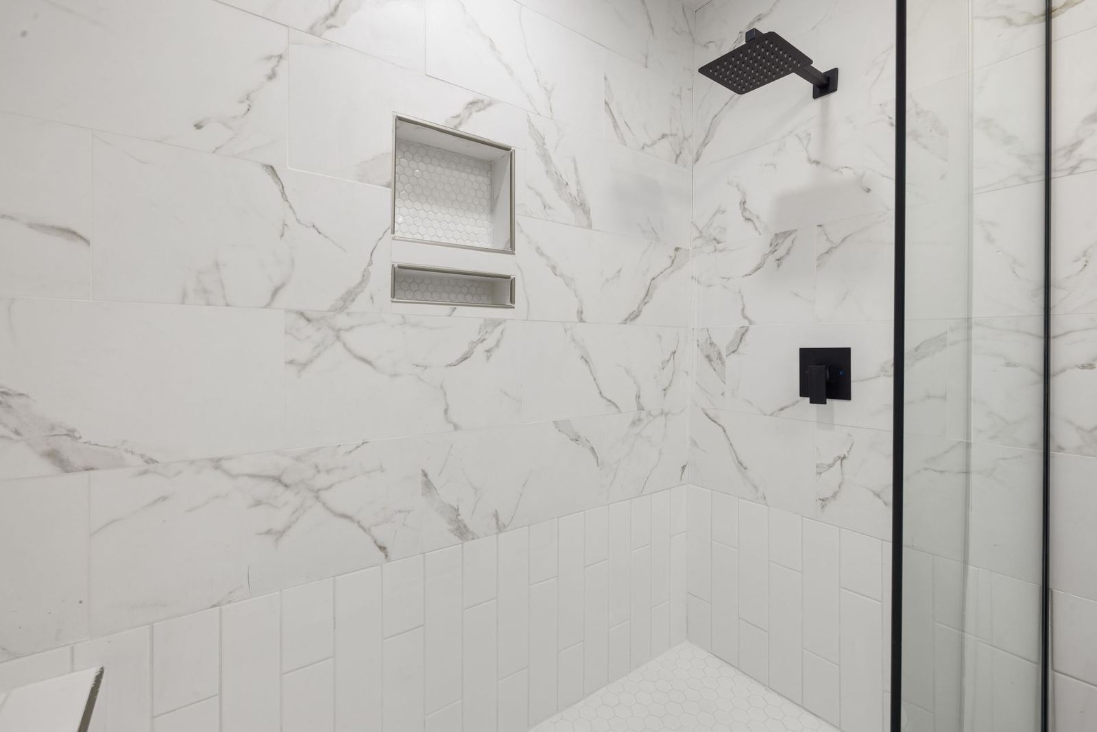 Marble-look tiled shower